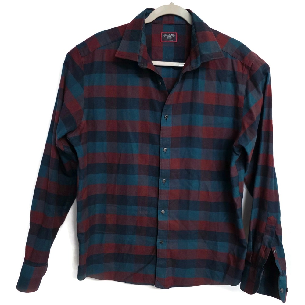 UNTUCKit Alezio Mens Large Regular Fit Wrinkle Free Check Shirt Burgundy Teal
